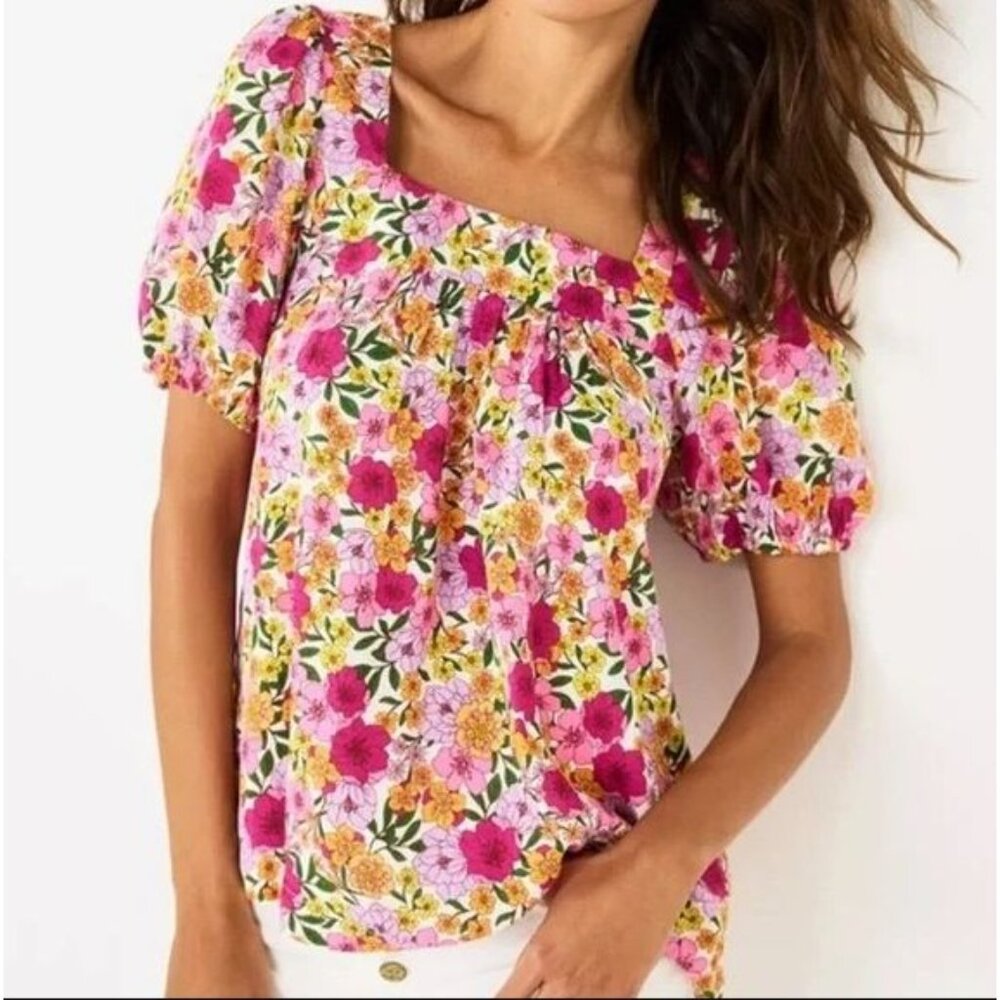 NEW Draper James Womens Plus 3X Square Neck Floral Top Short Sleeve Blouse Shirt